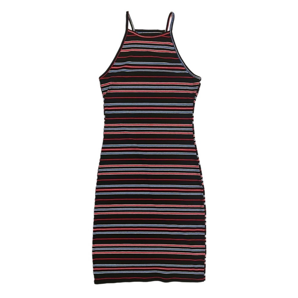 Stretch rib mini tank dress in black, white, red, blue stripe